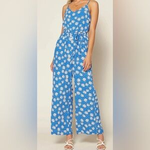 Skies Are Blue White Polka Dot Floral Spaghetti Strap Wide Leg Romper Jumpsuit